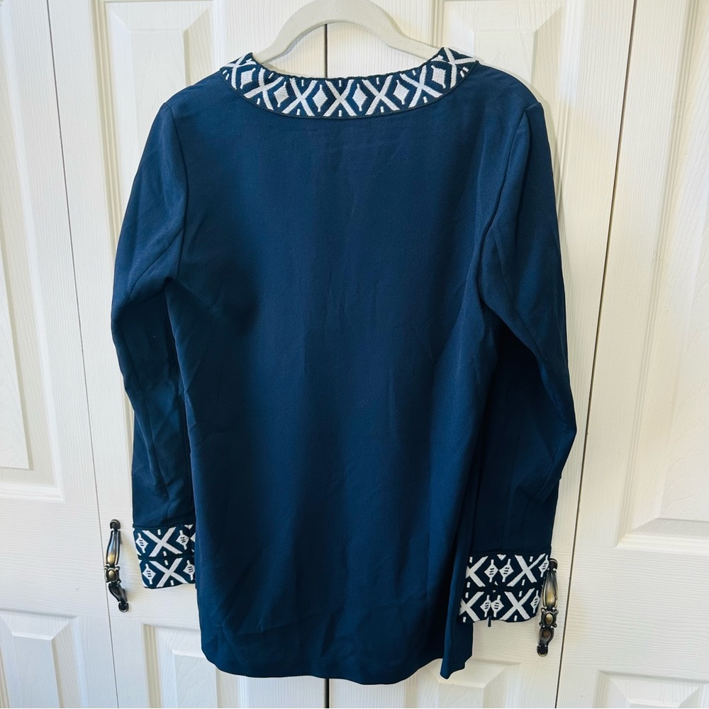 Tory Burch Embroidered Long Sleeve Tunic Top Navy Blue White Womens Size 2 - Picture 7 of 9